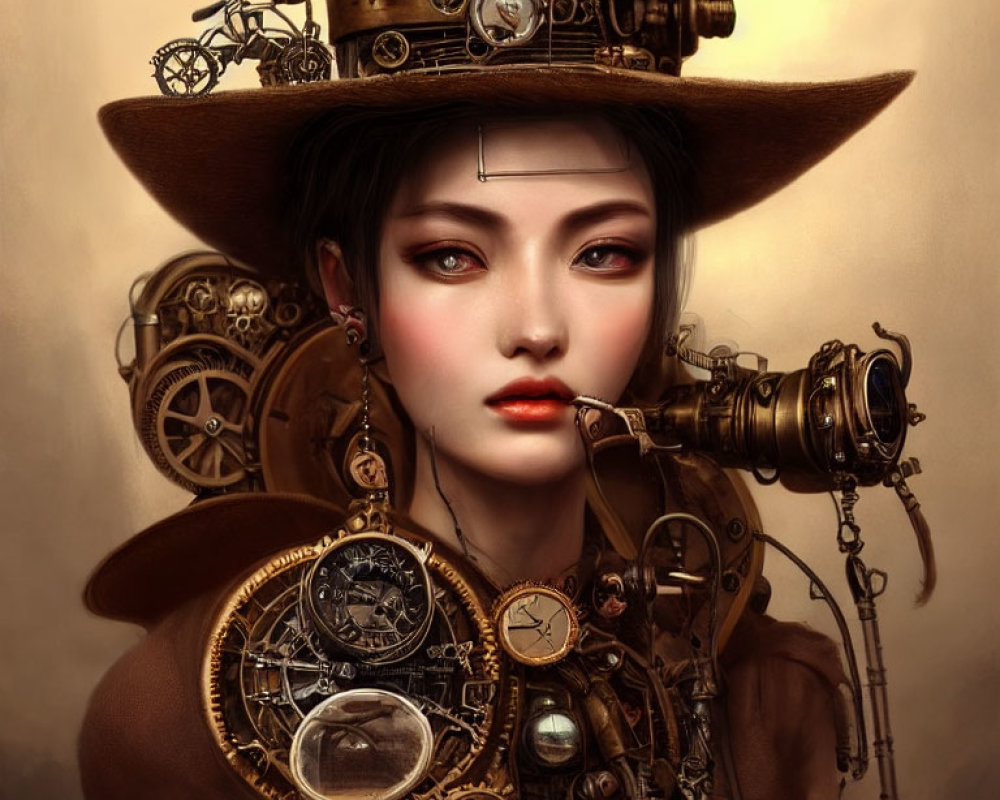 Steampunk-themed woman portrait with gears and clocks.