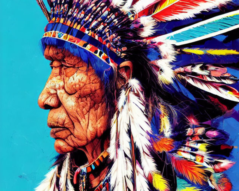 Colorful Indigenous Man Portrait with Feathered Headdress on Abstract Background