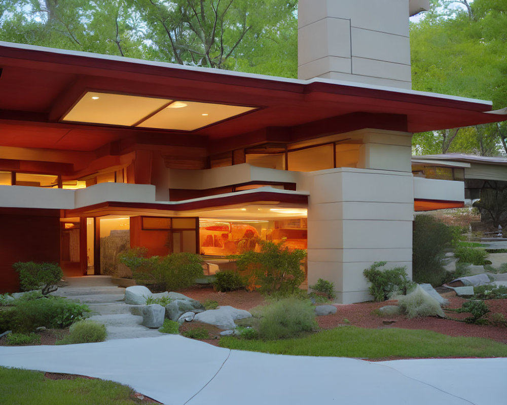 Contemporary House with Red Accents and Expansive Windows in Dusk Scene