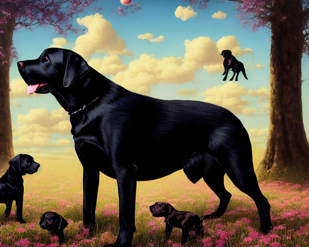 Surreal landscape with black dog, pink flowers, and clouds