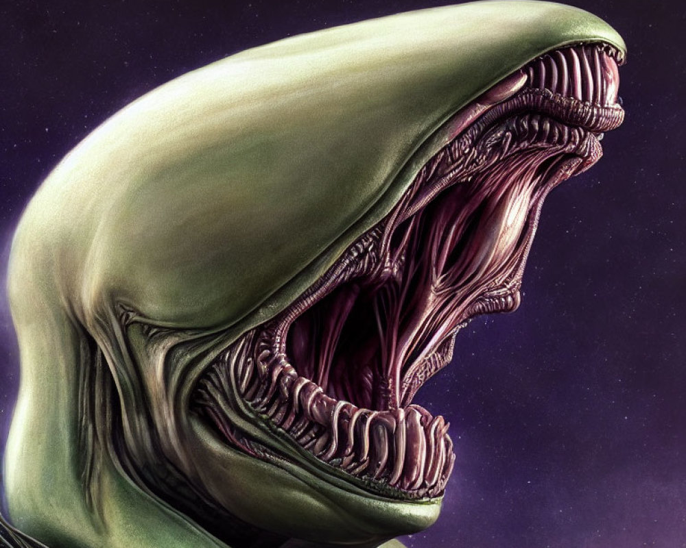 Detailed Xenomorph Head Illustration with Open Mouth and Inner Jaws on Purple Background