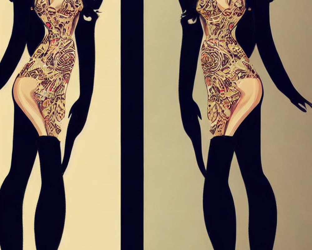 Stylized illustrations of woman in patterned dress & high heels