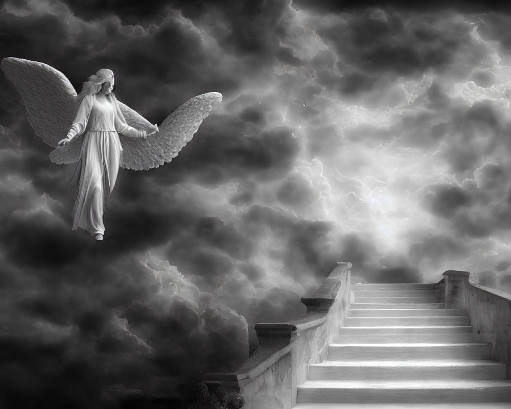 Angelic figure with widespread wings on staircase under dramatic cloudy sky