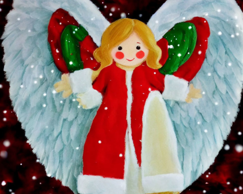 Smiling blonde angel in red coat with green and white wings on snowy background