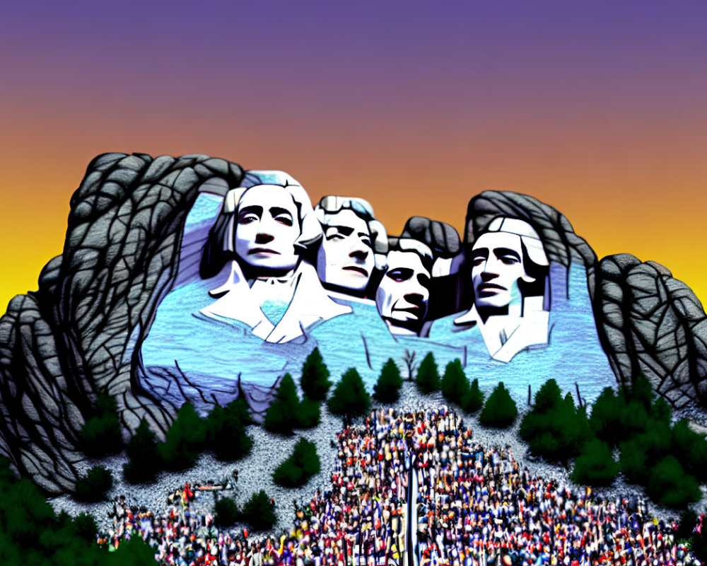 Vibrant Mount Rushmore Crowd Scene at Sunset