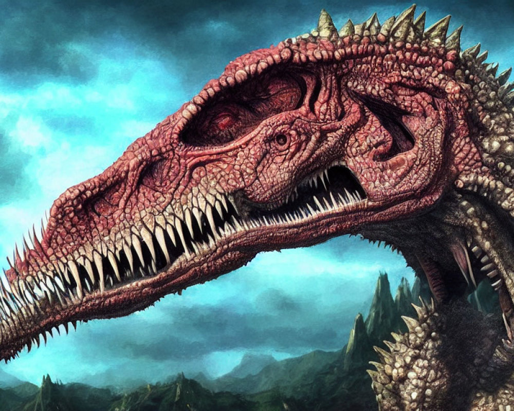 Detailed red dinosaur head with sharp teeth and spiky ridges in misty mountain backdrop