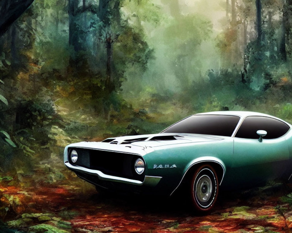 Vintage muscle car in misty forest with sun rays highlighting sleek design