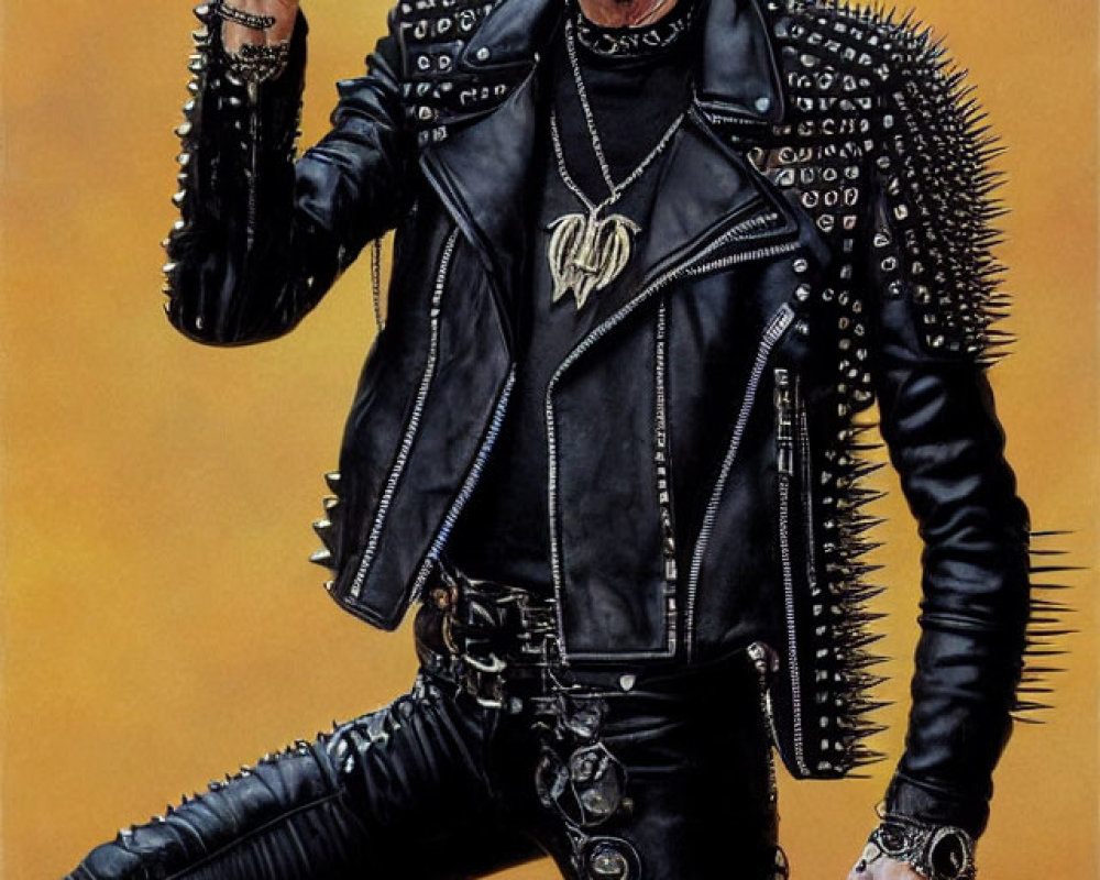 Bald person in black leather outfit with studs and chains holding a microphone