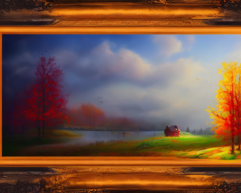 Vibrant autumn scene with colorful trees and river house in a framed painting