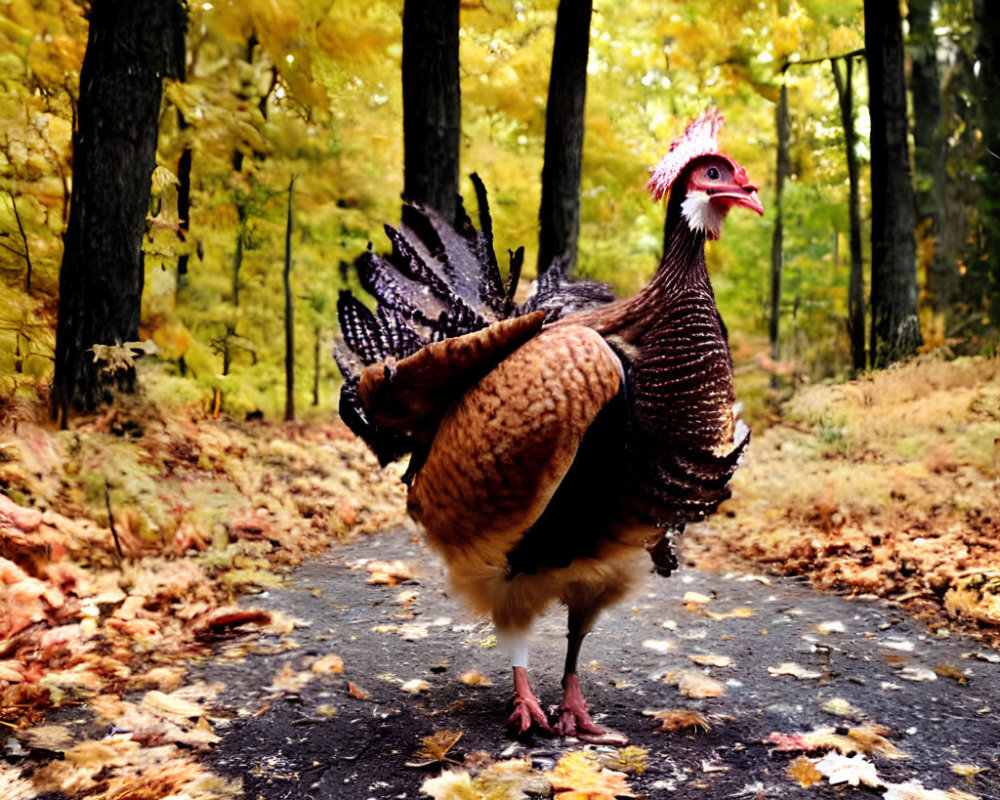 Turkey with Red Wattle on Autumn Forest Path