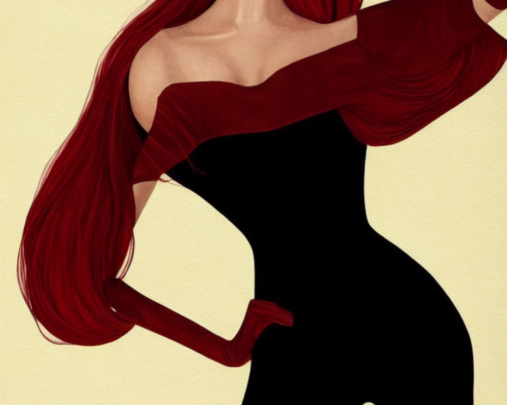 Stylized woman with flowing red hair in black outfit striking pose