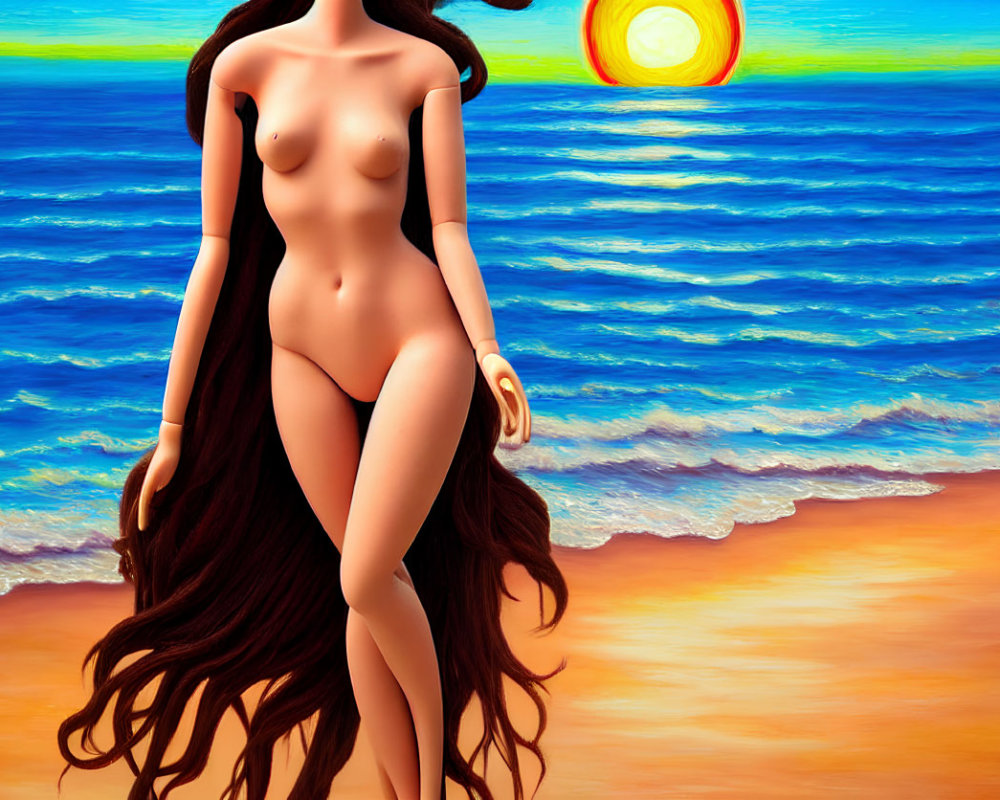 Nude female figure with long hair on beach at sunset