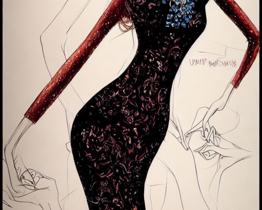 Detailed illustration of slender woman in elegant black dress with blue detailing and sparkling elements, posing with hand on