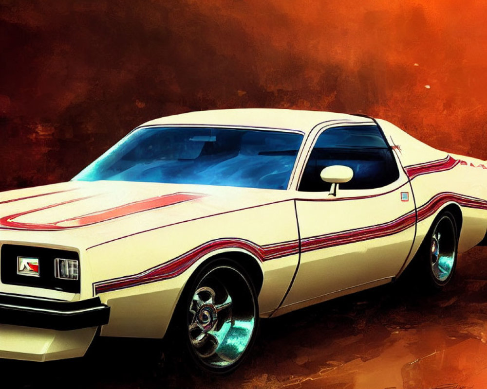 Stylized classic muscle car illustration with white and red stripes on warm gradient background