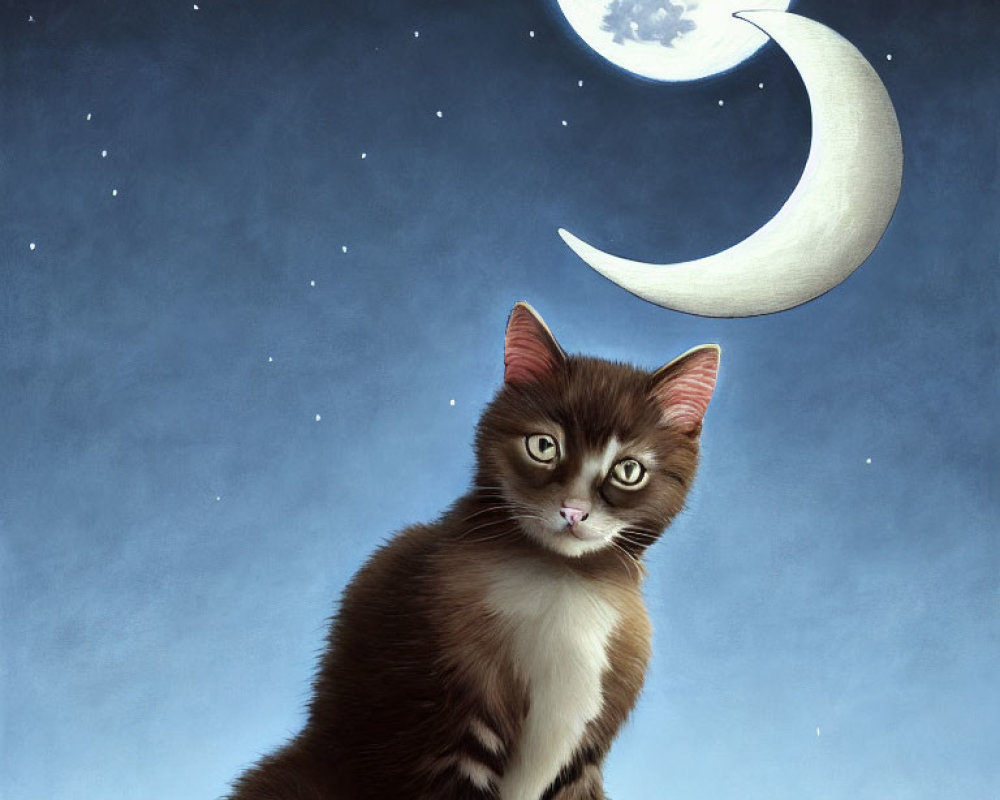 Whimsical kitten under night sky with crescent moon cat face