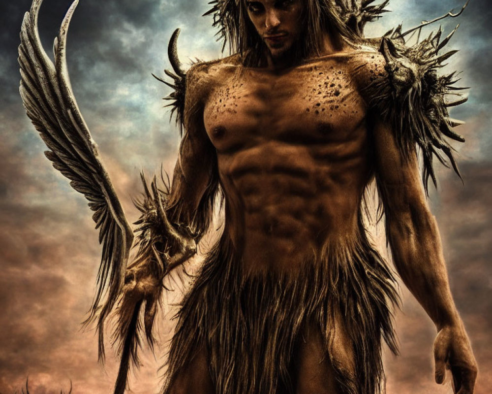 Majestic winged figure in tribal attire under dramatic sky