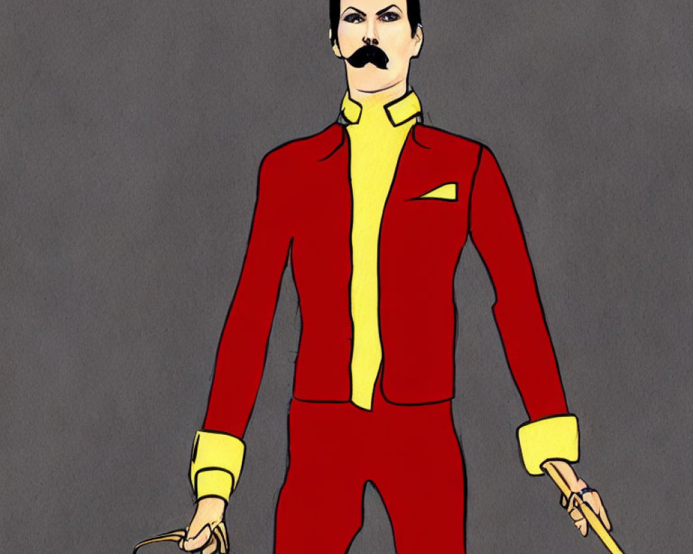 Man in Red and Yellow Suit with Mustache Holding Microphone Stand