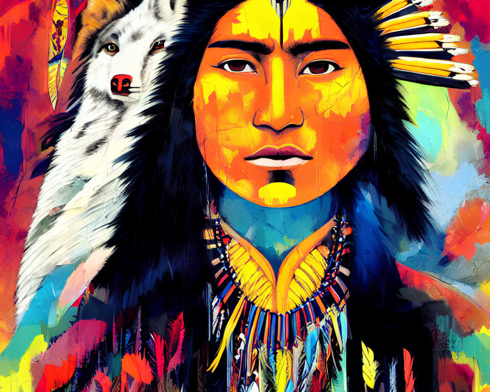 Native American with Wolf in Traditional Attire on Colorful Background