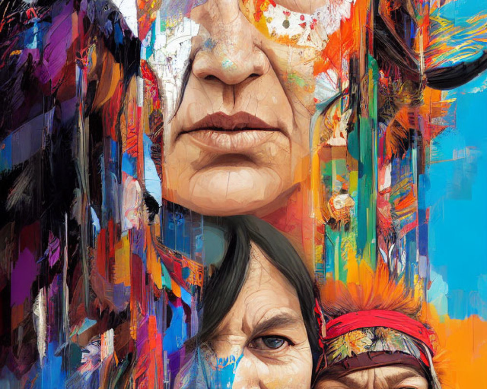 Vibrant Native American figures in traditional attire against colorful abstract backdrop