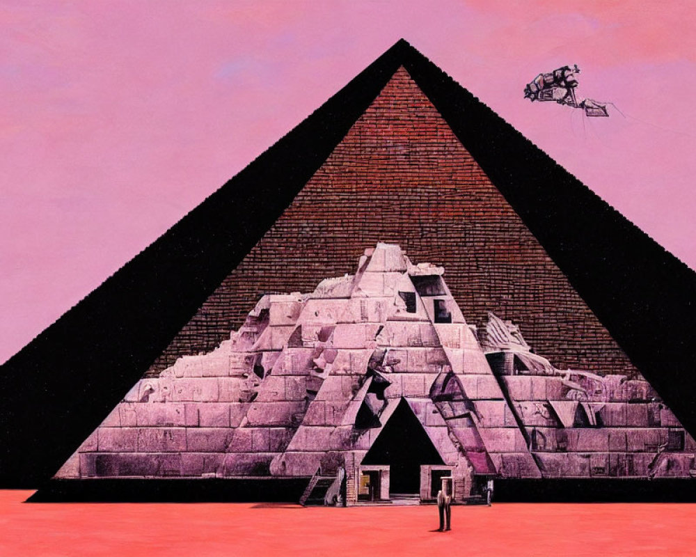 Person standing before large pyramid with helicopter in surreal pink and black landscape