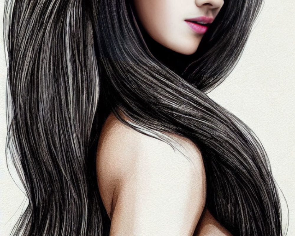 Woman with Long Hair and Colorful Tattoo: Detailed Makeup and Serene Expression