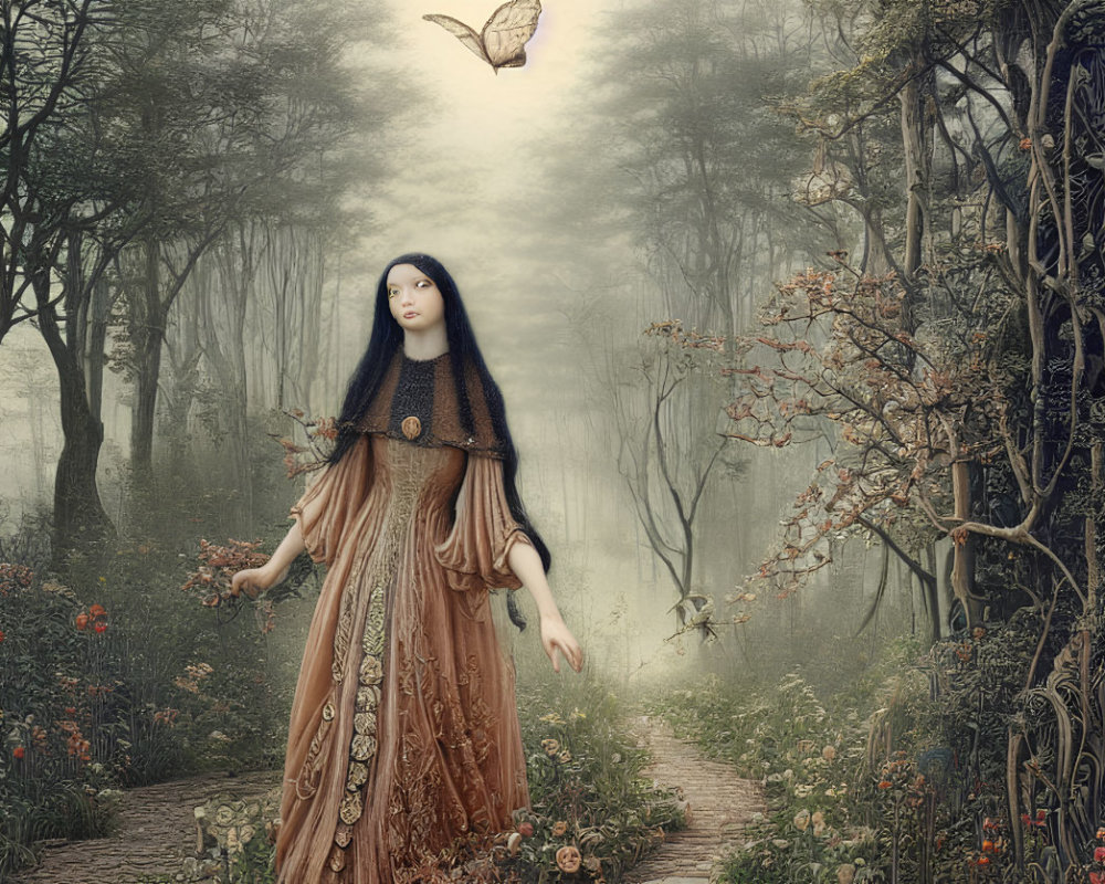 Vintage-dressed woman in misty woodland with butterfly and ethereal surroundings.