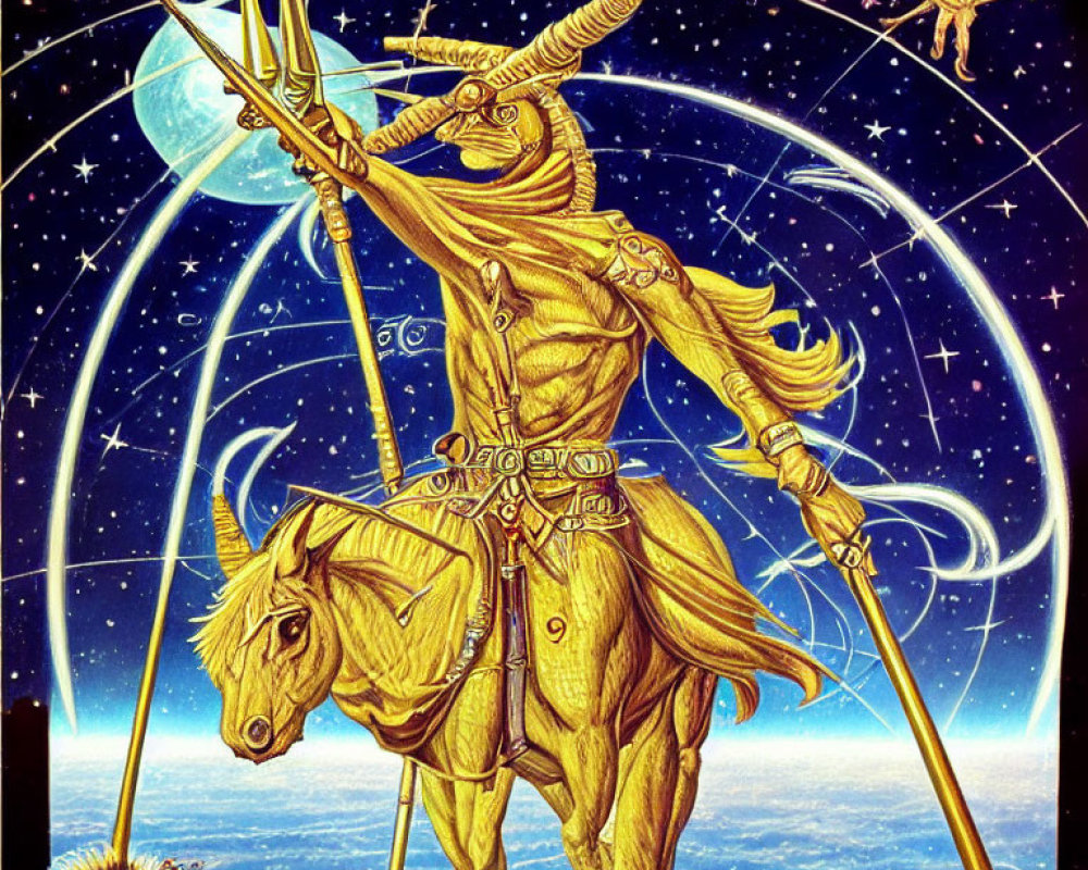 Illustrated Sagittarius-themed centaur with bow under starry sky and celestial symbols.