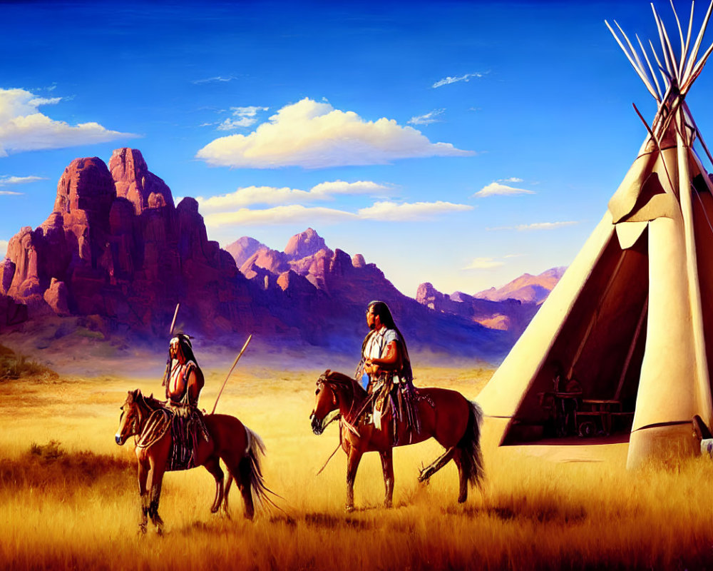 Native American riders on horses near teepee with red rock formations and blue sky