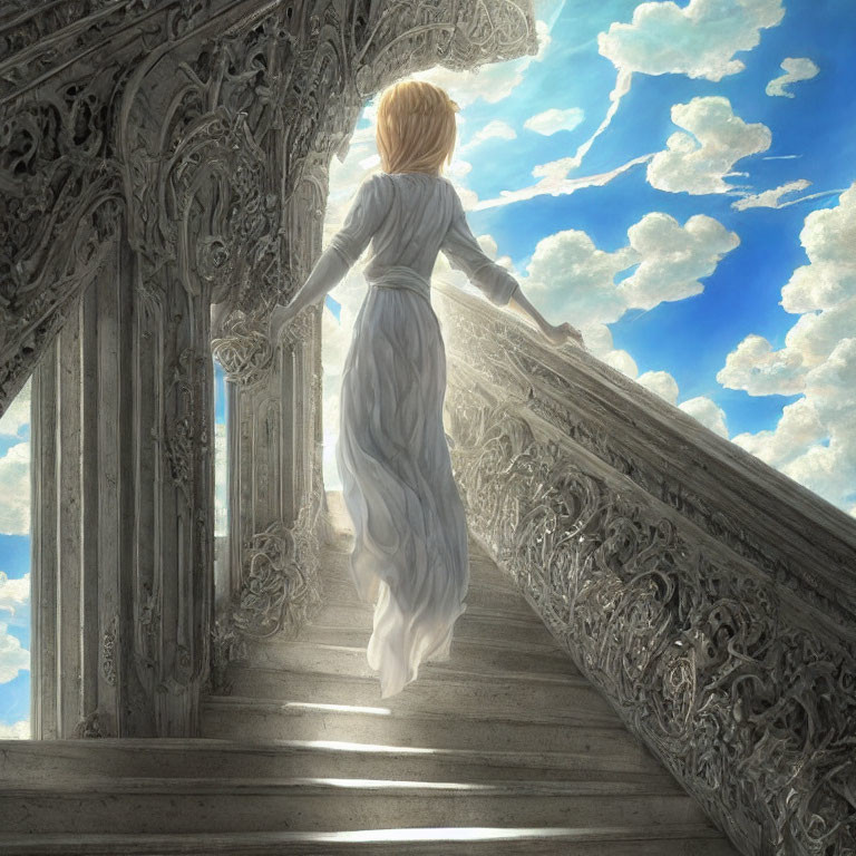 Woman in flowing dress climbs ornate staircase under magical sky