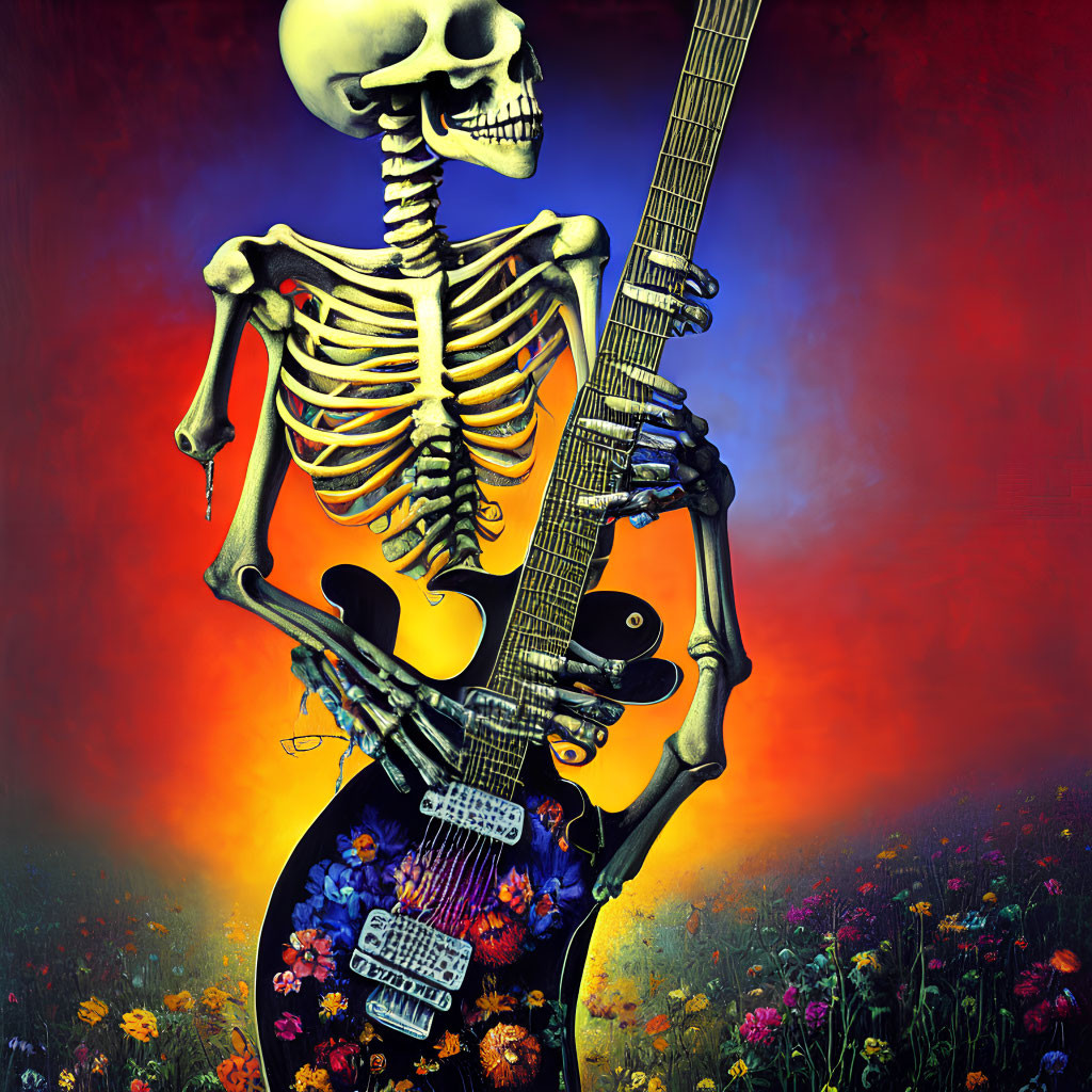 Skeleton Holding Guitar Adorned with Flowers in Field at Sunset