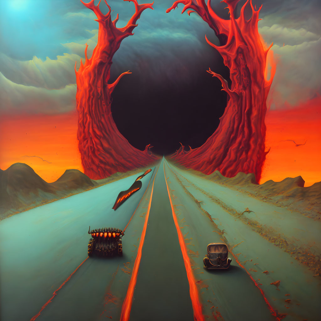 Surreal painting: Road to dark void, red tree-like structures, orange sky