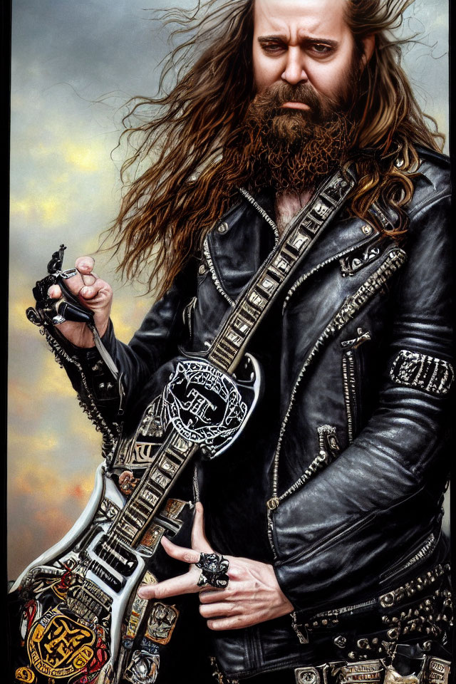 Long-haired guitarist in black leather playing ornate electric guitar