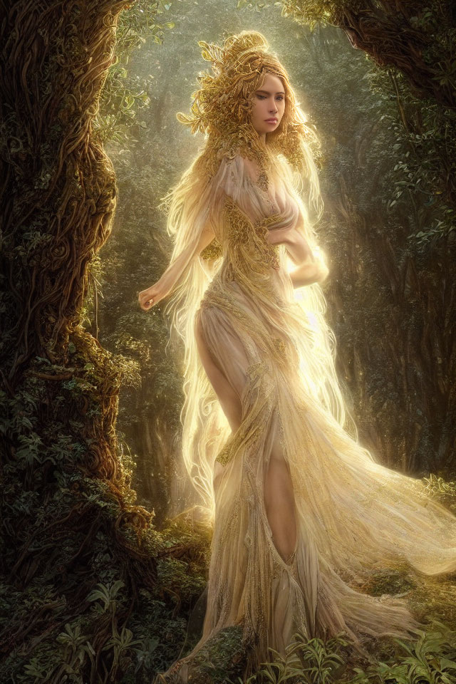 Elaborate golden hair woman in flowing dress in sunlit forest clearing