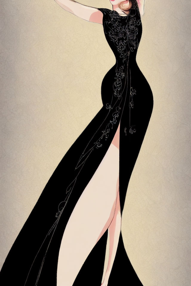 Illustrated woman in elegant black dress with floral embellishments