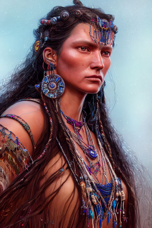 Portrait of woman adorned with tribal-inspired jewelry and feathered headdress on blue background