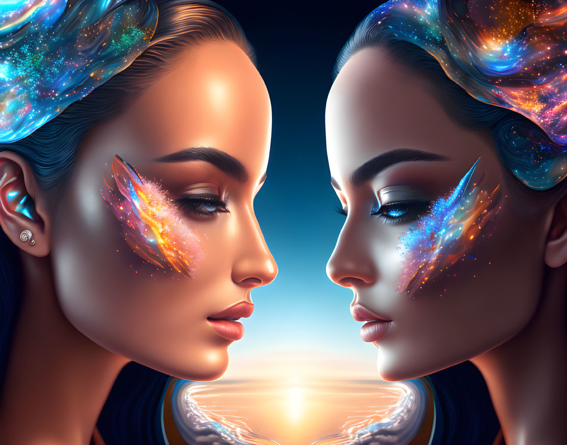 Stylized female faces with cosmic makeup against starry sky