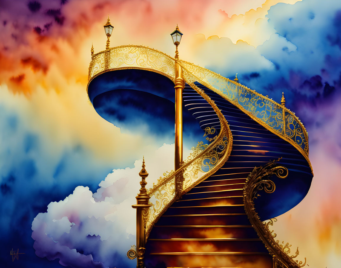 Golden spiral staircase ascends into colorful skies