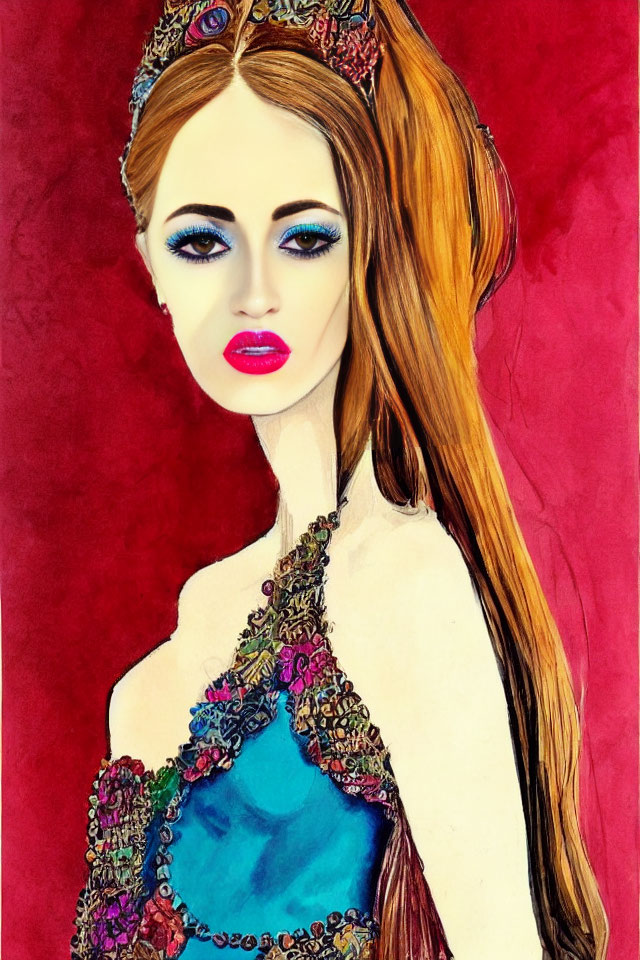 Illustrated woman with blue eyes and red hair in bejeweled crown and ornate dress on