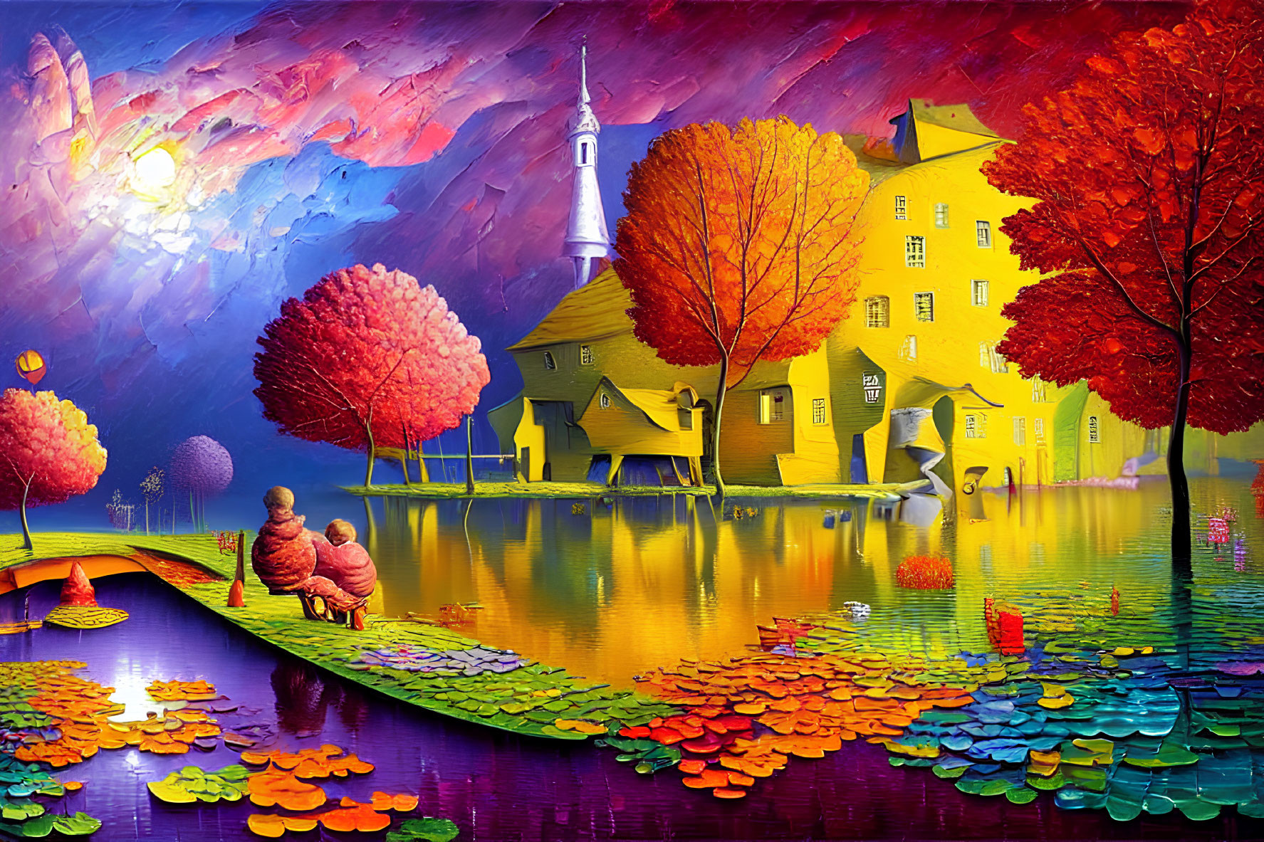 Colorful autumn landscape with church by reflective lake and figures near boat