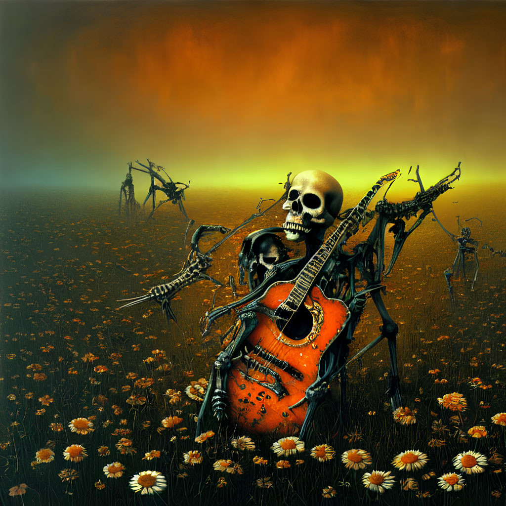 Surreal landscape with skeleton playing guitar among daisies