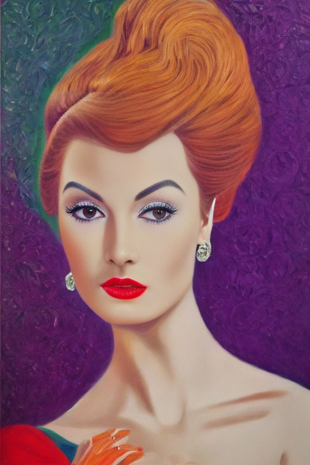 Portrait of a woman with red hair, blue eyes, and bold earrings on vibrant background