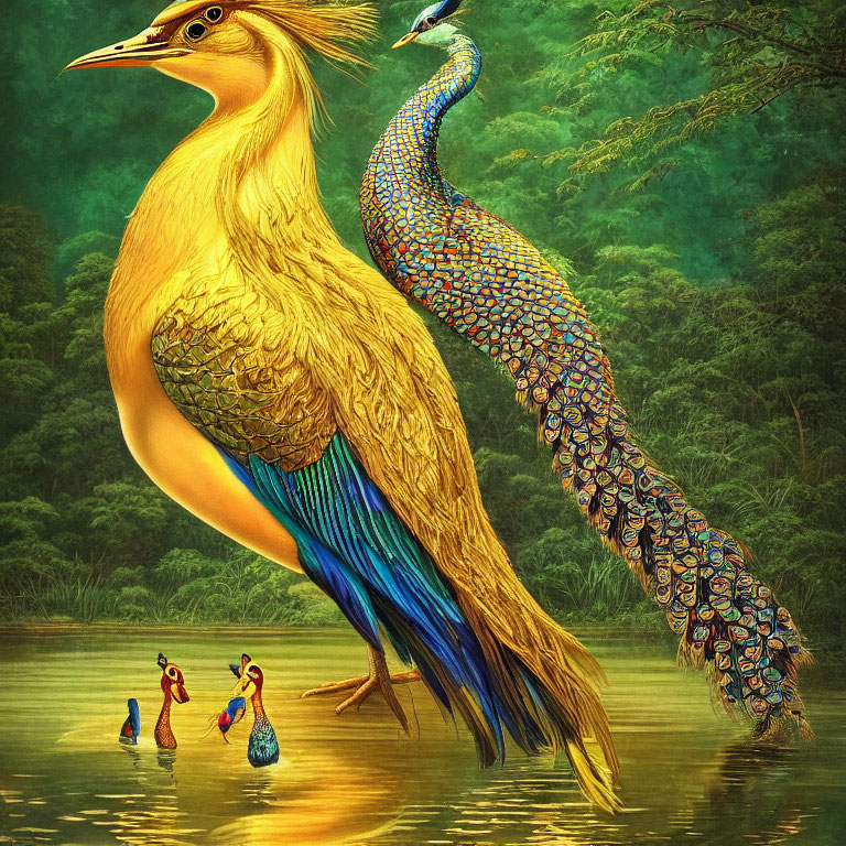 Golden bird and blue peacock in lush green landscape with small figures