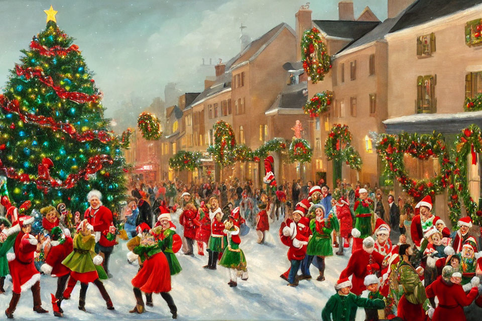 Vibrant Christmas street scene with dancing people and snow-covered tree