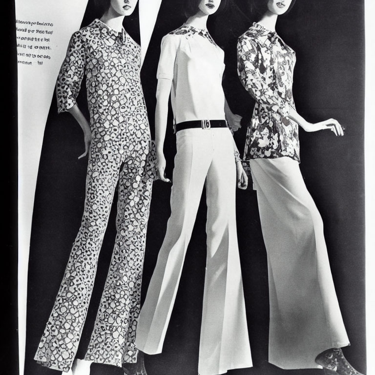 Vintage Black and White Photo of Three Women in 1970s Fashion