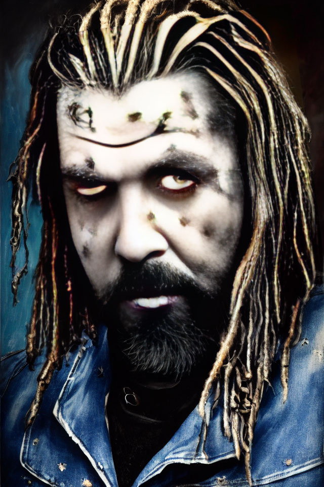 Intense red-eyed person with dreadlocks and dark makeup on blue background