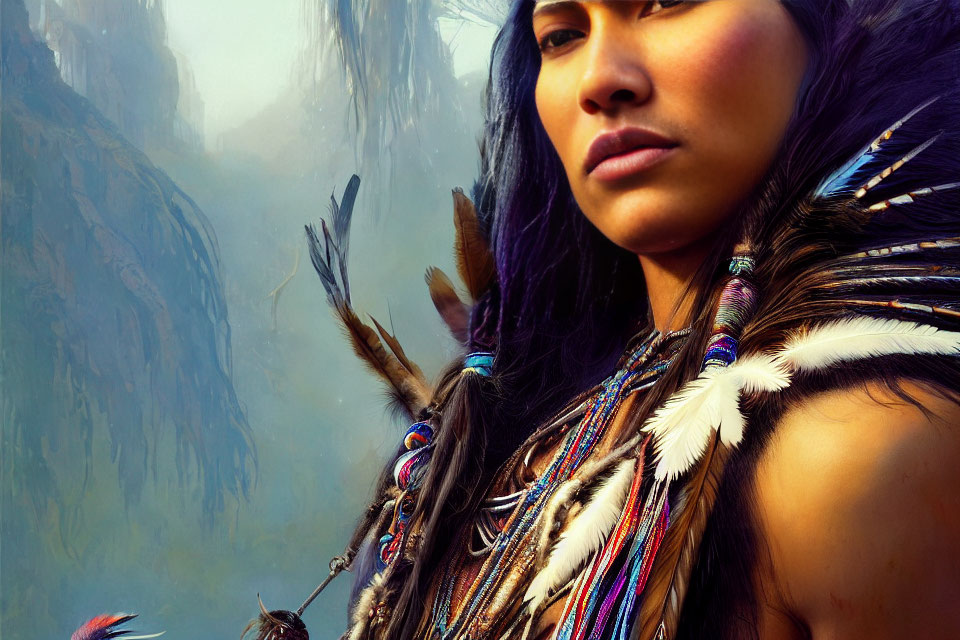 Indigenous woman in traditional attire with feathers and beaded necklaces against misty mountains