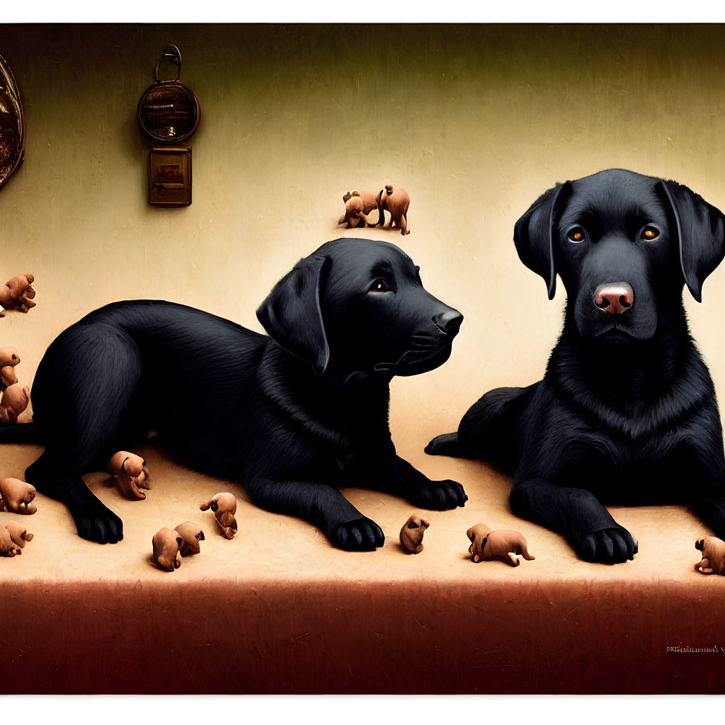 Black Labrador Dogs Surrounded by Brown Puppies