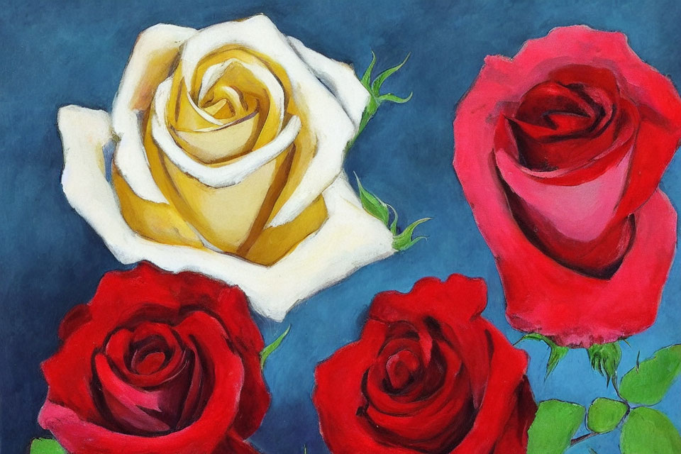 Vibrant painting of white and red roses on blue background