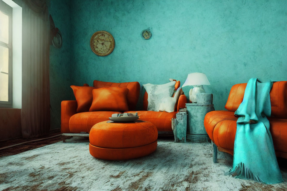 Vintage-style Room with Teal Wall, Orange Sofa, and Classic Decor