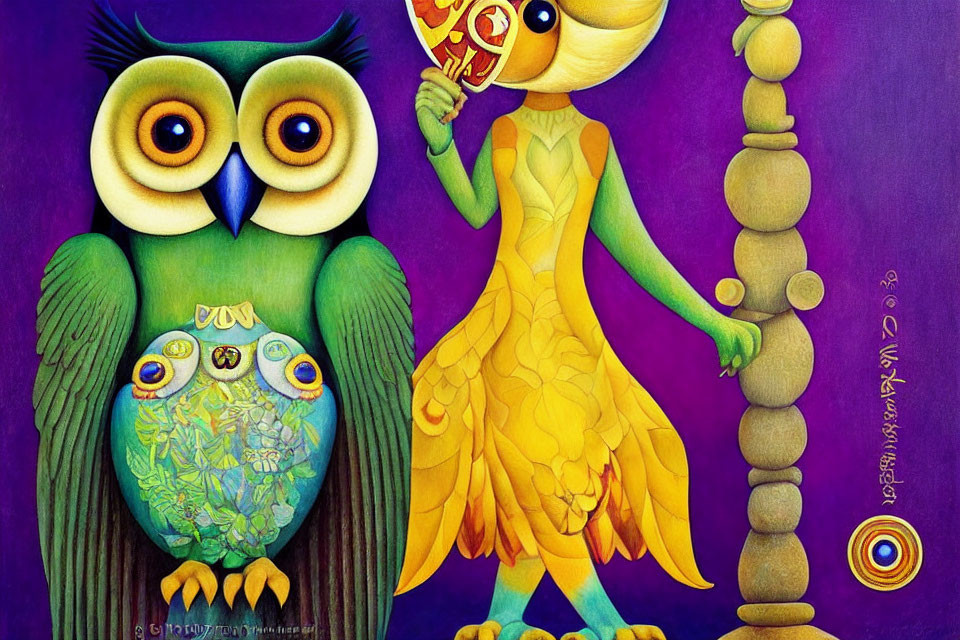 Vibrant artwork with large owl, small owl, and bird-like figure holding a mask